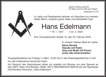 Traueranzeige von Hans Edelmann von Frankenpost