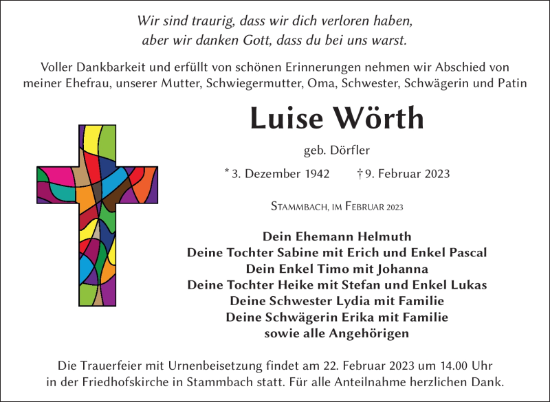  Traueranzeige für Luise Wörth vom 18.02.2023 aus Frankenpost