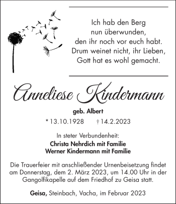 Traueranzeige von Anneliese Kindermann von Südthüringer Presse