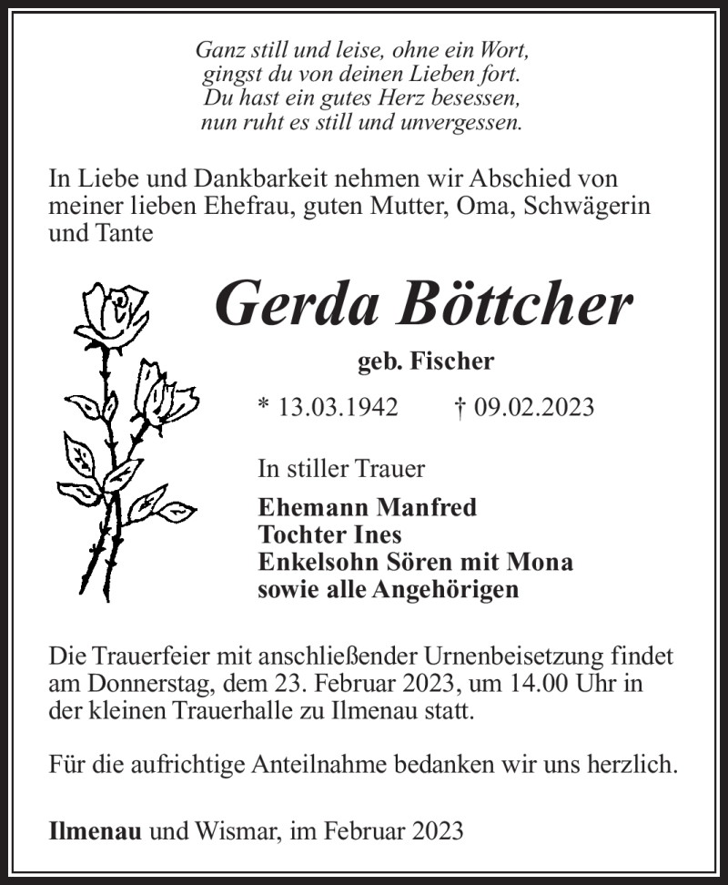  Traueranzeige für Gerda Böttcher vom 18.02.2023 aus Südthüringer Presse