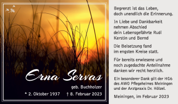 Traueranzeige von Erna Servas von Südthüringer Presse