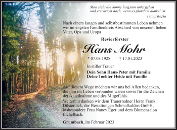Traueranzeige von Hans Mohr von Südthüringer Presse