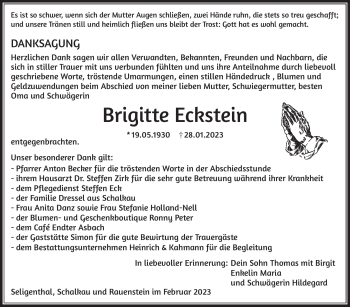 Traueranzeige von Brigitte Eckstein von Südthüringer Presse