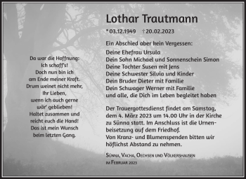 Traueranzeige von Lothar Trautmann von Südthüringer Presse