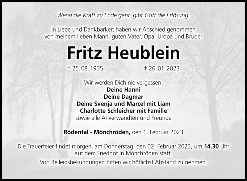 Traueranzeige für Fritz Heublein vom 01.02.2023 aus Neue Presse Coburg