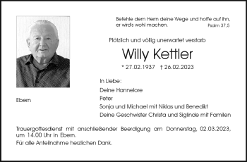 Traueranzeige von Willy Kettler von Neue Presse Coburg