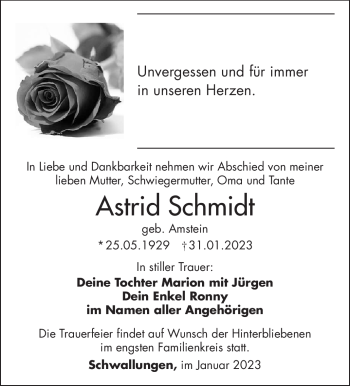 Traueranzeige von Astrid Schmidt von Südthüringer Presse