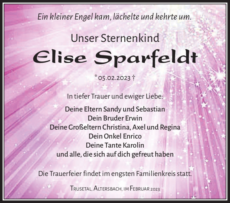  Traueranzeige für Elise Sparfeldt vom 11.02.2023 aus Südthüringer Presse