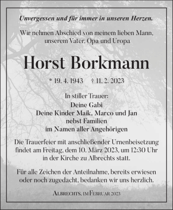 Traueranzeige von Horst Borkmann von Südthüringer Presse