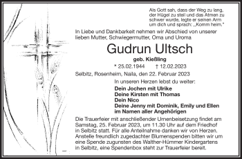 Traueranzeige von Gudrun Ultsch von Frankenpost