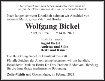 Traueranzeige von Wolfgang Bickel von Südthüringer Presse