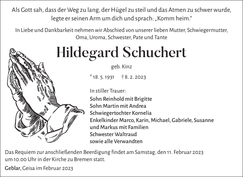  Traueranzeige für Hildegard Schuchert vom 10.02.2023 aus Südthüringer Presse