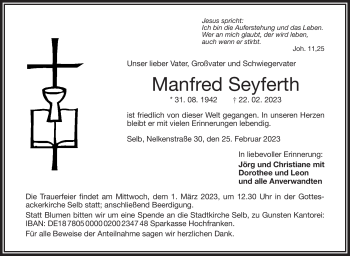 Traueranzeige von Manfred Seyferth von Frankenpost