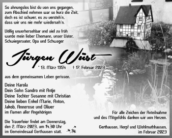 Traueranzeige von Jürgen Wüst von Südthüringer Presse