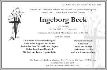 Traueranzeige von Ingeborg Beck von Frankenpost