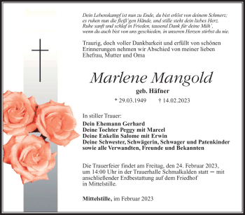 Traueranzeige von Marlene Mangold von Südthüringer Presse