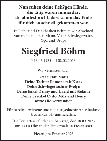 Traueranzeige von Siegfried Böhm von Südthüringer Presse