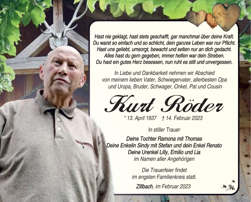  Traueranzeige für Kurt Röder vom 18.02.2023 aus Südthüringer Presse