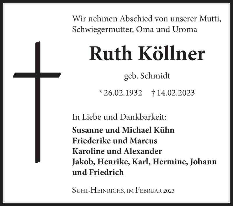  Traueranzeige für Ruth Köllner vom 18.02.2023 aus Südthüringer Presse