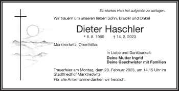 Traueranzeige von Dieter Haschler von Frankenpost