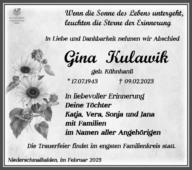  Traueranzeige für Gina Kulanwik vom 11.02.2023 aus Südthüringer Presse