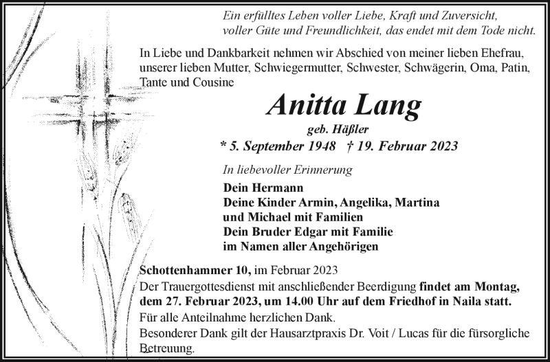  Traueranzeige für Anitta Lang vom 24.02.2023 aus Frankenpost