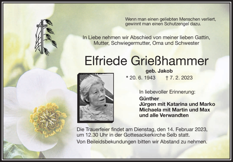  Traueranzeige für Elfriede Grießhammer vom 11.02.2023 aus Frankenpost
