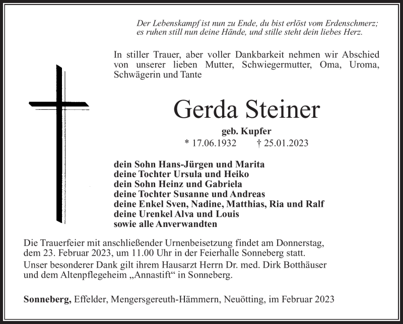 Traueranzeigen von Gerda Steiner frankengedenkt.de