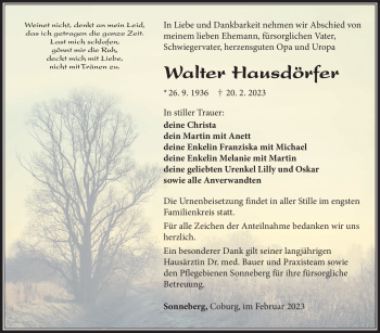 Traueranzeige von Walter Hausdörfer von Südthüringer Presse