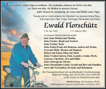Traueranzeige von Ewald Florschütz von Südthüringer Presse