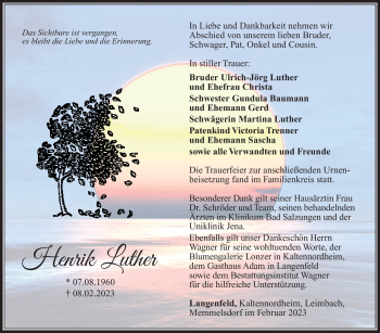 Traueranzeige von Henrik Luther von Südthüringer Presse