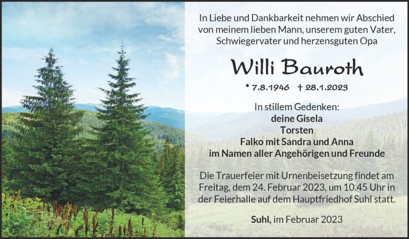  Traueranzeige für Willi Bauroth vom 11.02.2023 aus Südthüringer Presse