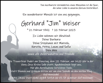 Traueranzeige von Gerhard Weiser von Frankenpost
