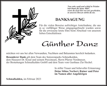 Traueranzeige von Günther Danz von Südthüringer Presse