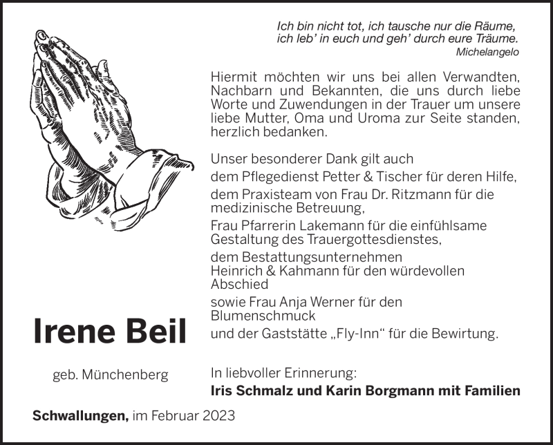  Traueranzeige für Irene Beil vom 25.02.2023 aus Südthüringer Presse