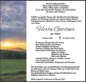 Traueranzeige von Herta Gärtner von Südthüringer Presse