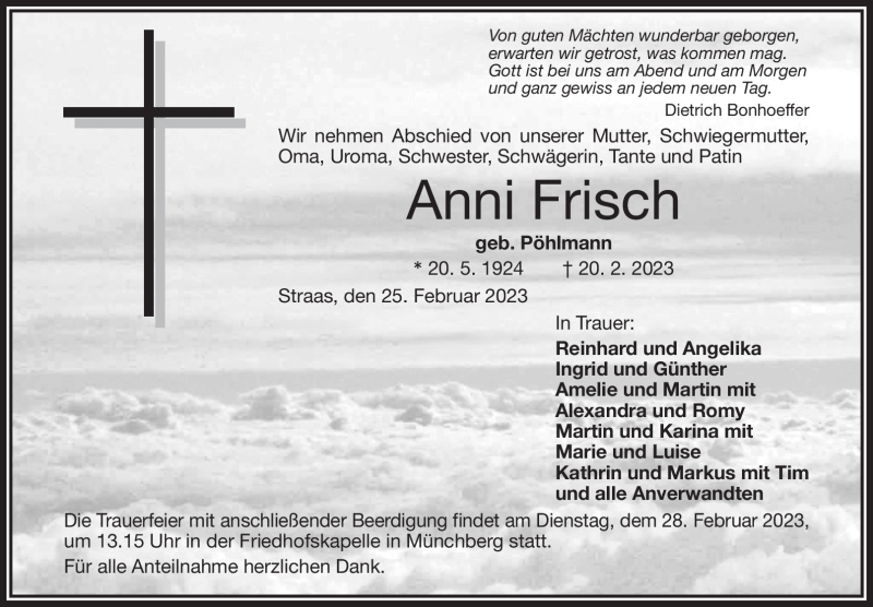  Traueranzeige für Anni Frisch vom 25.02.2023 aus Frankenpost