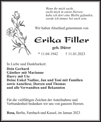 Traueranzeige von Erika Filler von Südthüringer Presse