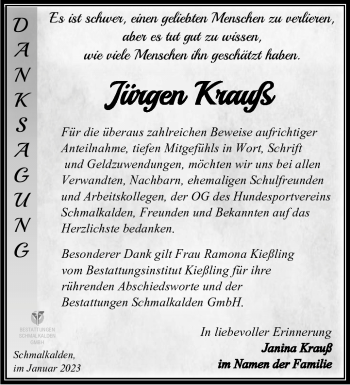 Traueranzeige von Jürgen Krauß von Südthüringer Presse