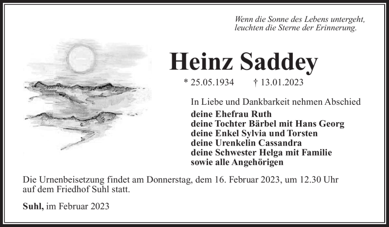  Traueranzeige für Heinz Saddey vom 04.02.2023 aus Südthüringer Presse