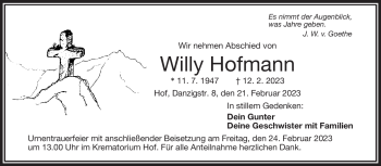 Traueranzeige von Willy Hofmann von Frankenpost