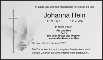 Traueranzeige von Johanna Hein von Neue Presse Coburg