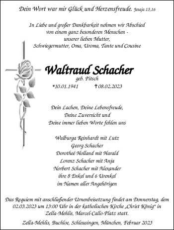 Traueranzeige von Waltraud Schacher von Südthüringer Presse