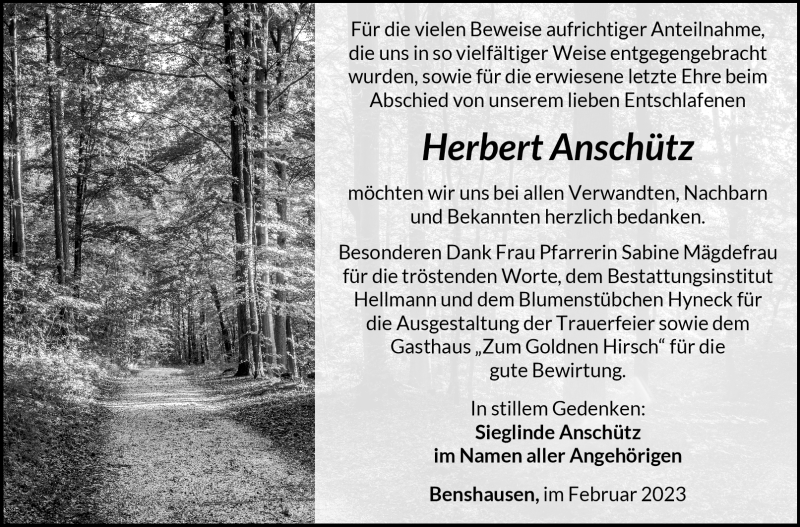  Traueranzeige für Herbert Anschütz vom 04.02.2023 aus Südthüringer Presse
