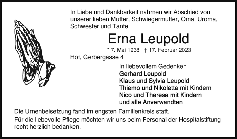  Traueranzeige für Erna Leupold vom 18.03.2023 aus Frankenpost