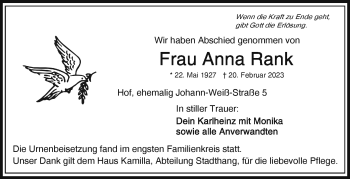 Traueranzeige von Anna Rank von Frankenpost