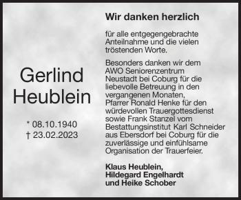 Traueranzeige von Gerlind Heublein von Neue Presse Coburg