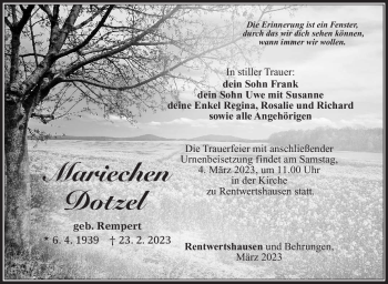Traueranzeige von Mariechen Dotzel von Südthüringer Presse