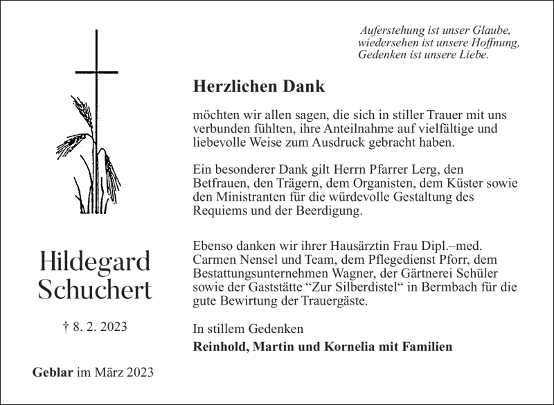  Traueranzeige für Hildegard Schuchert vom 11.03.2023 aus Südthüringer Presse