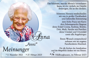 Traueranzeige von Anna Meinunger von Südthüringer Presse